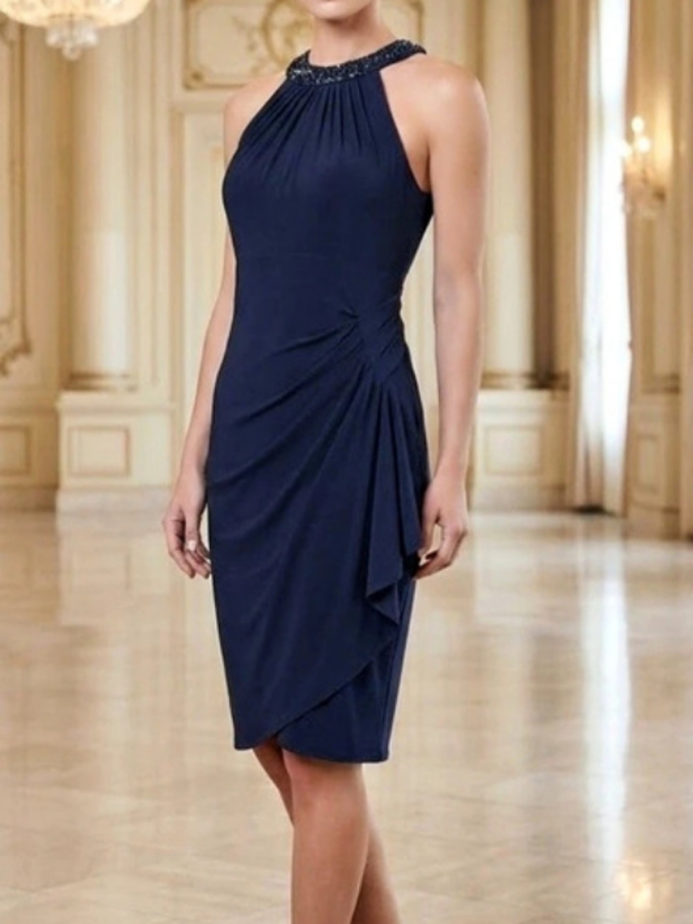 LE CHATEAU💙NWOT BEAUTIFUL Beaded Halter-Neck NAVYSheath Midi ROUCHED BACK Sz M